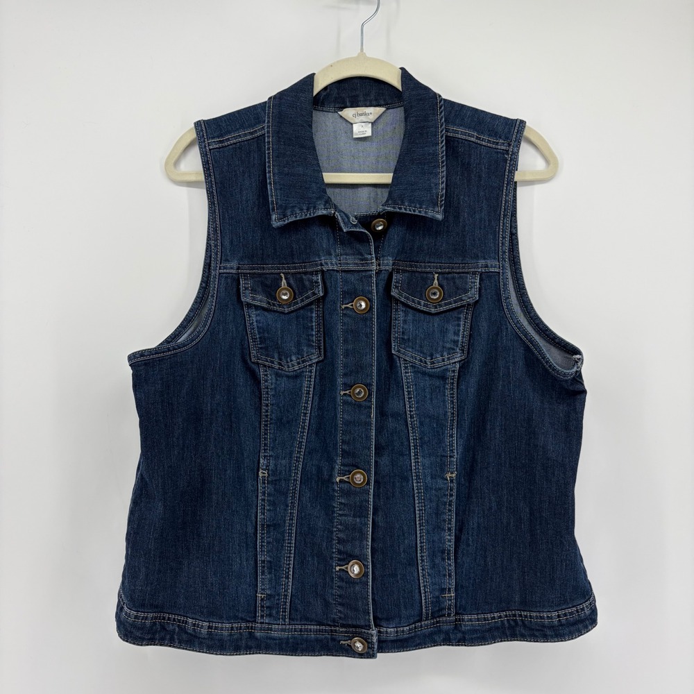 CJ Banks Womens X Dark Wash Denim Vest Rhinestone Button Stretch Cotton Blend